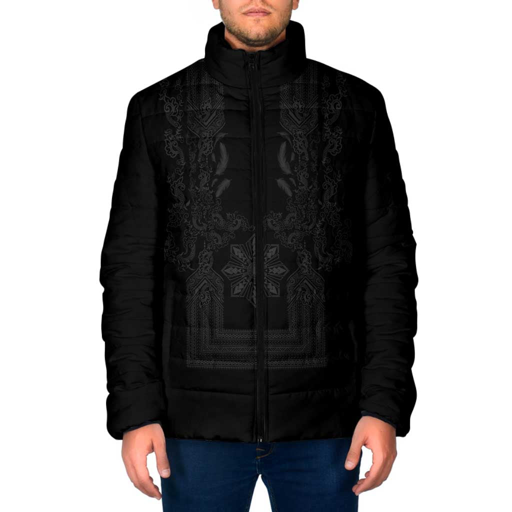 Philippines Barong Style Padded Jacket with Polynesian Art and Leaf Motif Black Color LT03 Men Black - Polynesian Pride