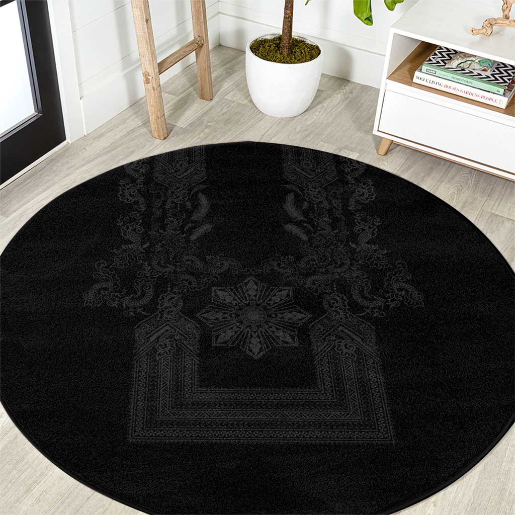 Philippines Barong Style Round Carpet with Polynesian Art and Leaf Motif Black Color LT03 Black - Polynesian Pride
