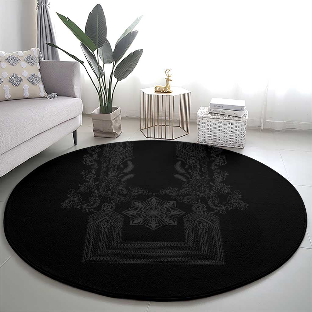 Philippines Barong Style Round Carpet with Polynesian Art and Leaf Motif Black Color LT03 - Polynesian Pride