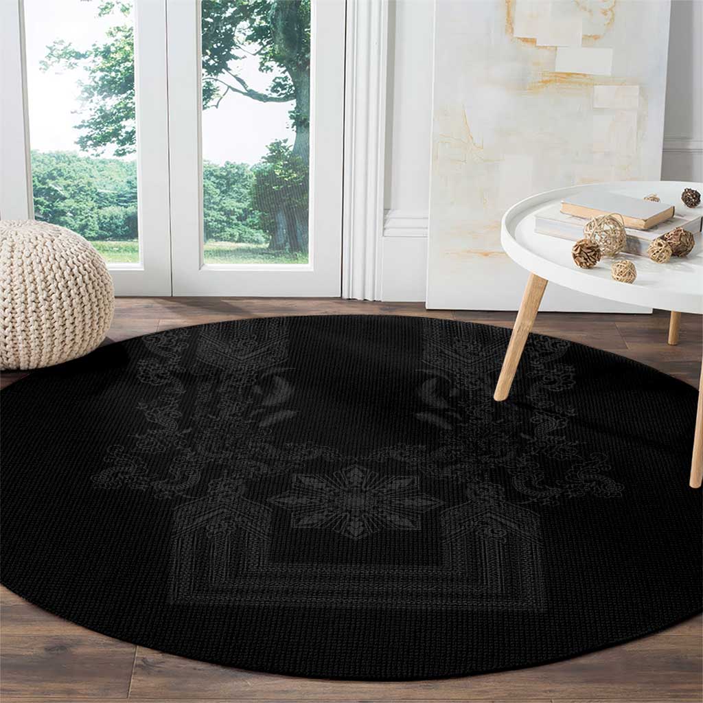 Philippines Barong Style Round Carpet with Polynesian Art and Leaf Motif Black Color LT03 - Polynesian Pride