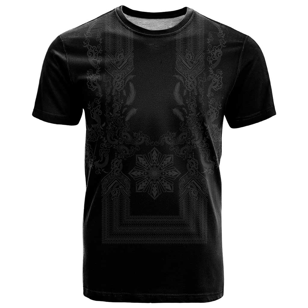 Philippines Barong Style T Shirt with Polynesian Art and Leaf Motif Black Color LT03 Black - Polynesian Pride