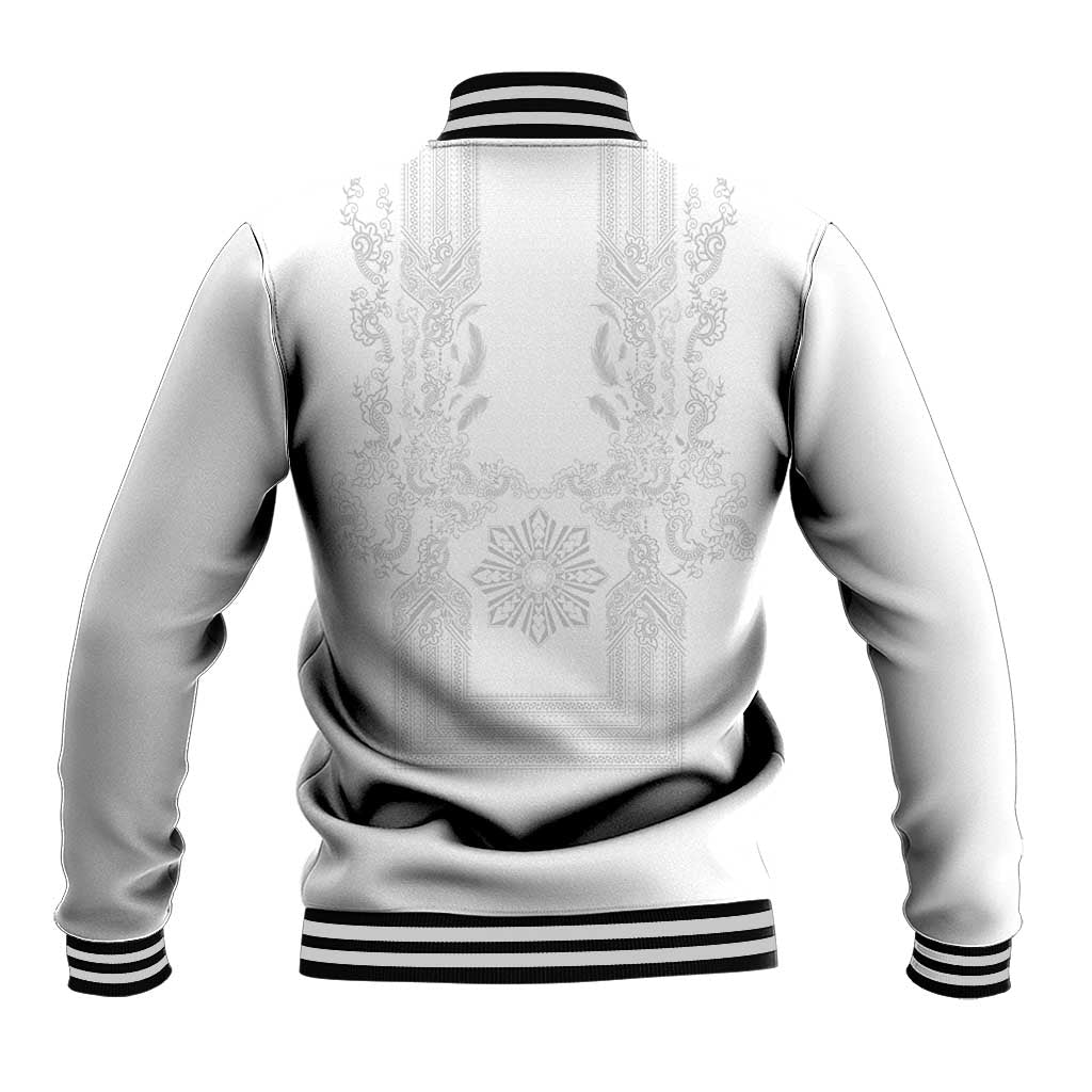 Philippines Barong Style Baseball Jacket with Polynesian Art and Leaf Motif White Color LT03 - Polynesian Pride