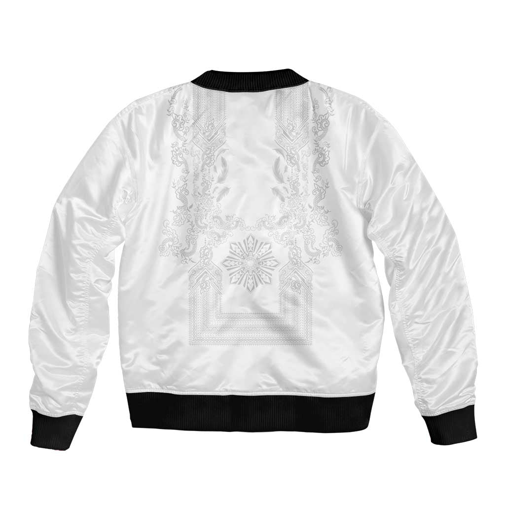 Philippines Barong Style Bomber Jacket with Polynesian Art and Leaf Motif White Color LT03 - Polynesian Pride