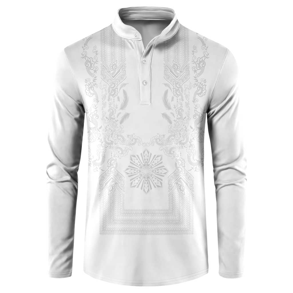 Philippines Barong Style Button Sweatshirt with Polynesian Art and Leaf Motif White Color LT03 White - Polynesian Pride