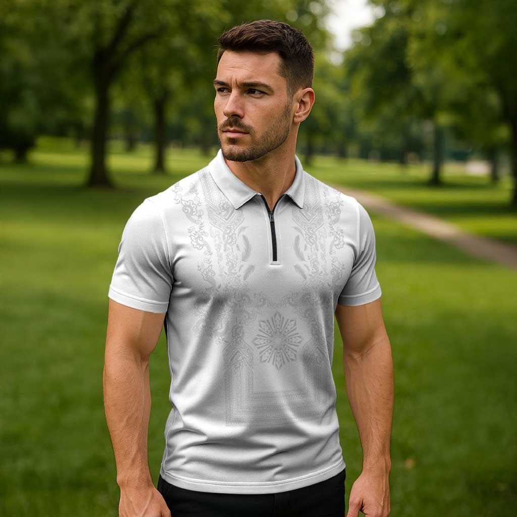 Philippines Barong Style Zipper Polo Shirt with Polynesian Art and Leaf Motif White Color LT03 - Polynesian Pride