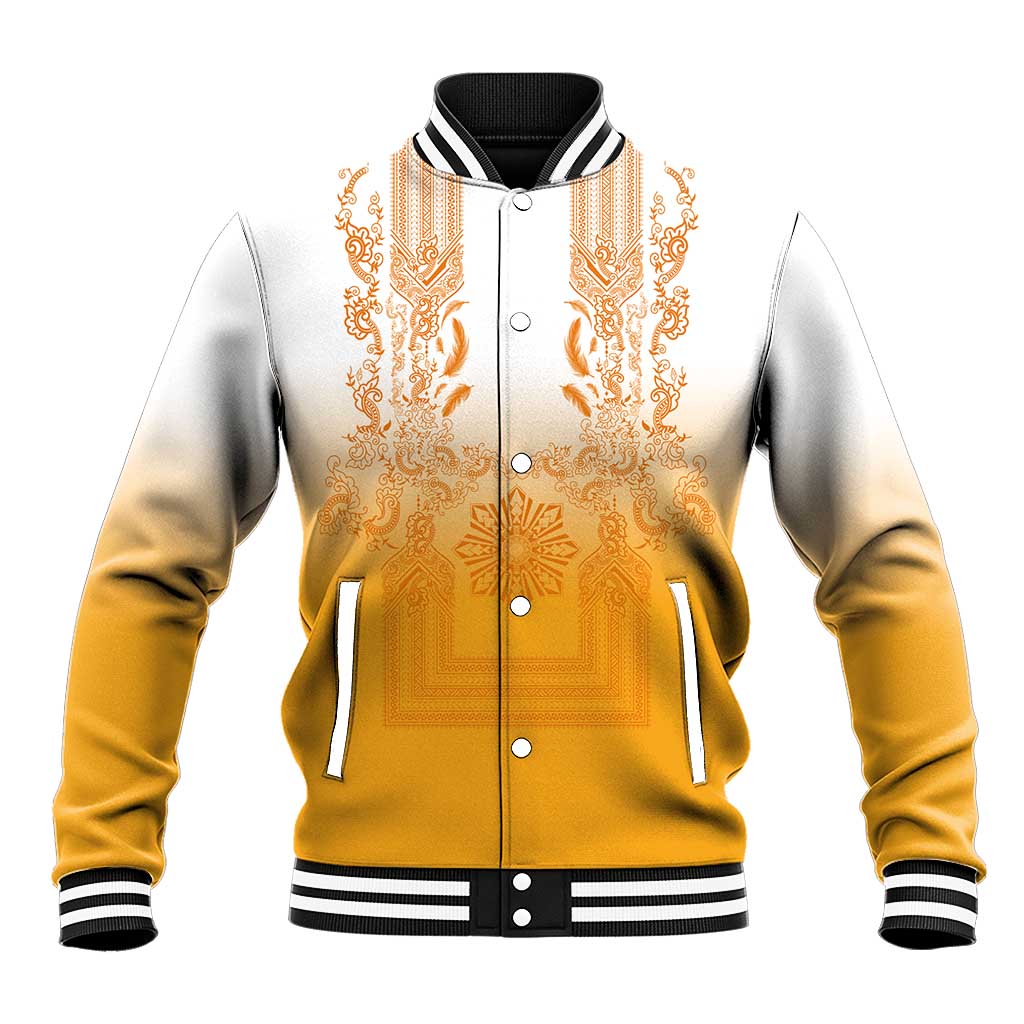 Philippines Barong Style Baseball Jacket with Polynesian Art and Leaf Motif Yellow Color LT03 Unisex Yellow - Polynesian Pride