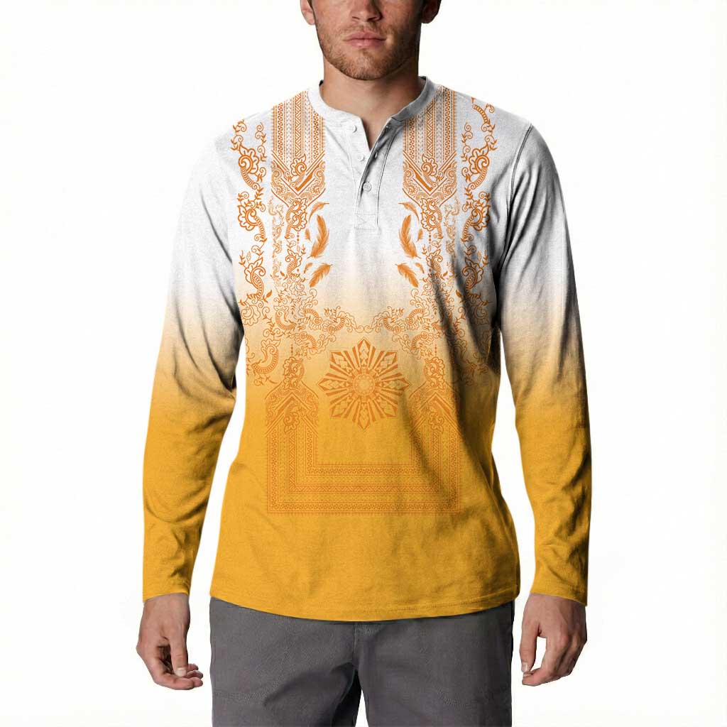 Philippines Barong Style Button Sweatshirt with Polynesian Art and Leaf Motif Yellow Color LT03 - Polynesian Pride