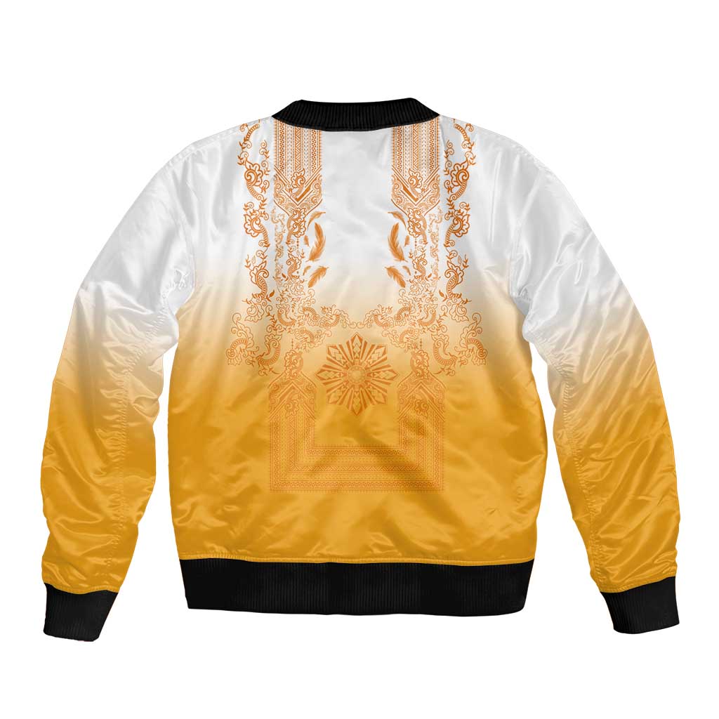 Philippines Barong Style Sleeve Zip Bomber Jacket with Polynesian Art and Leaf Motif Yellow Color LT03 - Polynesian Pride