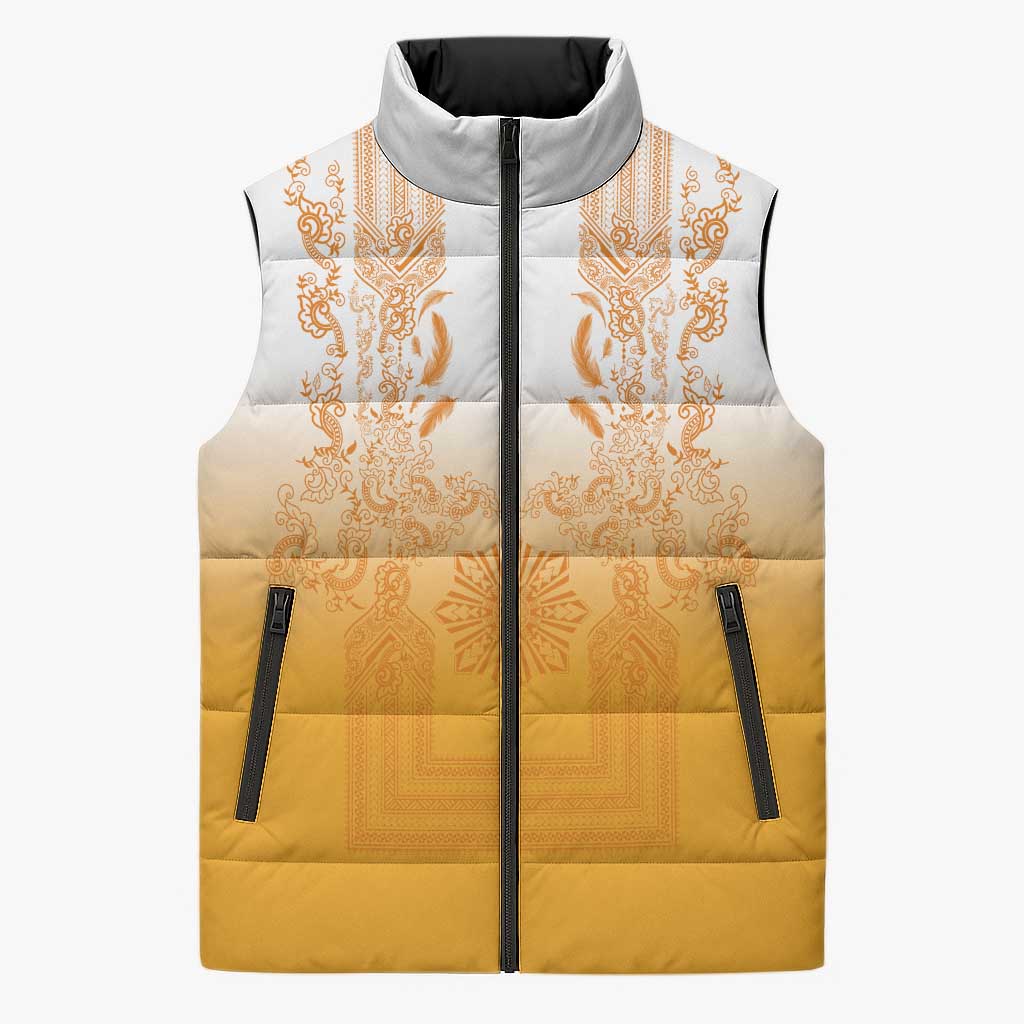 Philippines Barong Style Sleeveless Puffer Jacket with Polynesian Art and Leaf Motif Yellow Color LT03 Unisex Yellow - Polynesian Pride