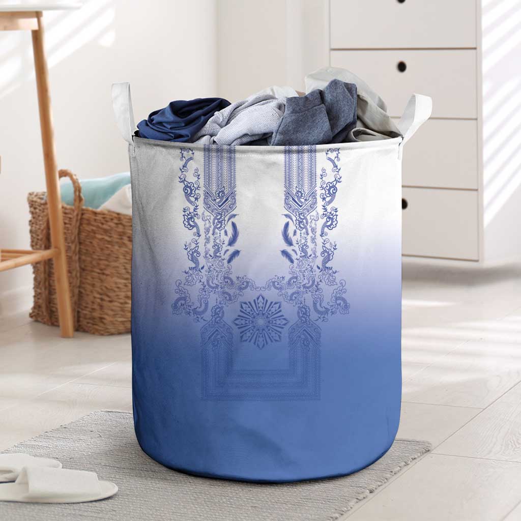Philippines Barong Style Laundry Basket with Polynesian Art and Leaf Motif Blue Color LT03 Blue - Polynesian Pride