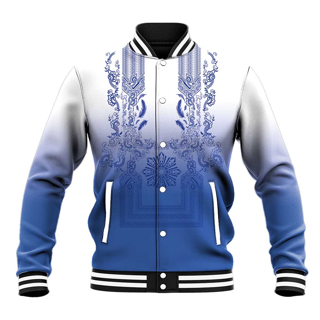 Philippines Barong Style Baseball Jacket with Polynesian Art and Leaf Motif Blue Color LT03 Unisex Blue - Polynesian Pride