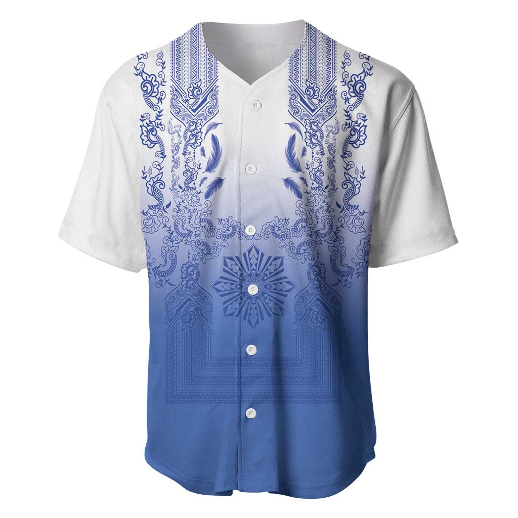 Philippines Barong Style Baseball Jersey with Polynesian Art and Leaf Motif Blue Color LT03 Blue - Polynesian Pride