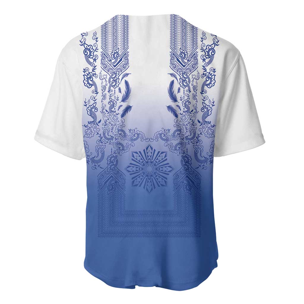 Philippines Barong Style Baseball Jersey with Polynesian Art and Leaf Motif Blue Color LT03 - Polynesian Pride