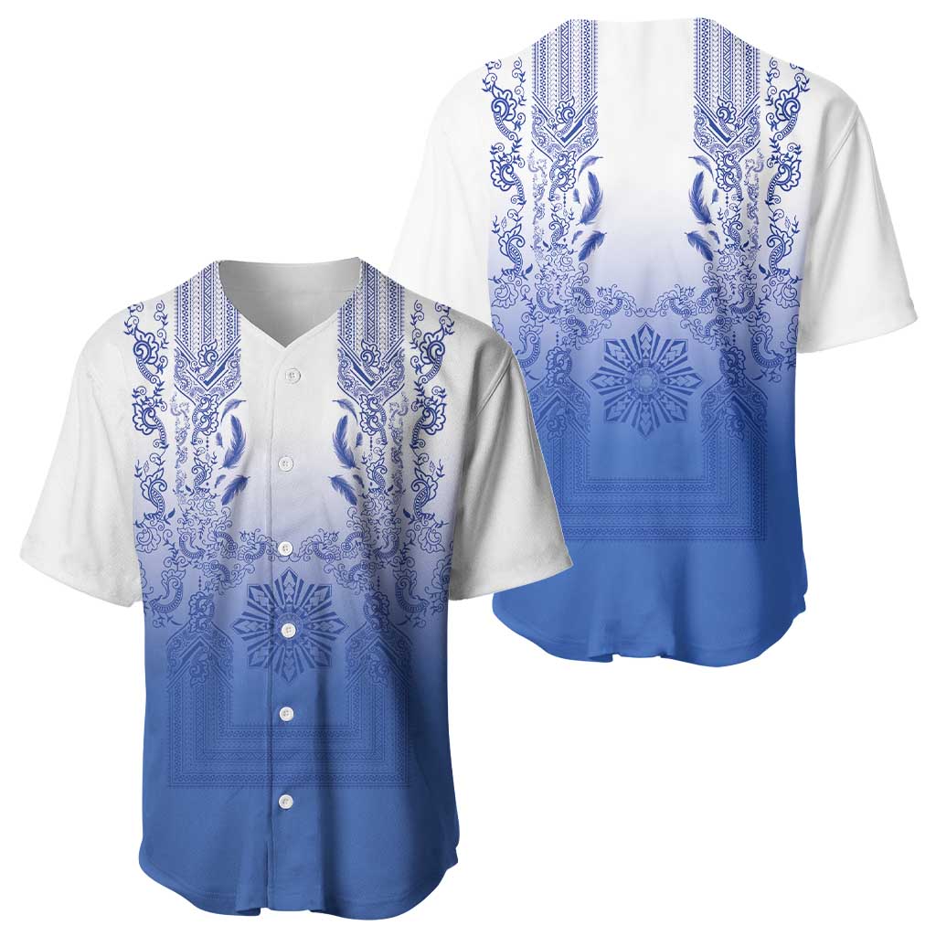 Philippines Barong Style Baseball Jersey with Polynesian Art and Leaf Motif Blue Color LT03 - Polynesian Pride