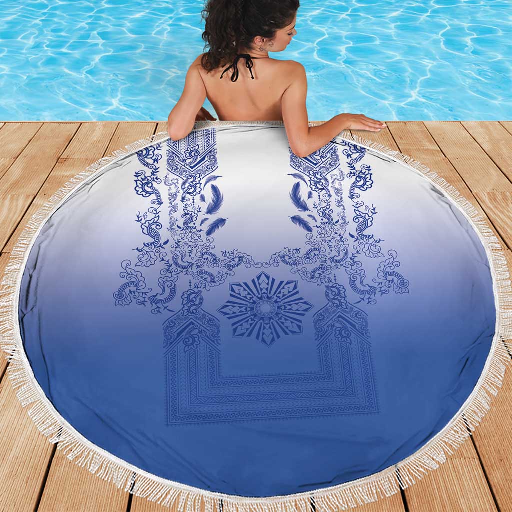 Philippines Barong Style Beach Blanket with Polynesian Art and Leaf Motif Blue Color LT03 - Polynesian Pride