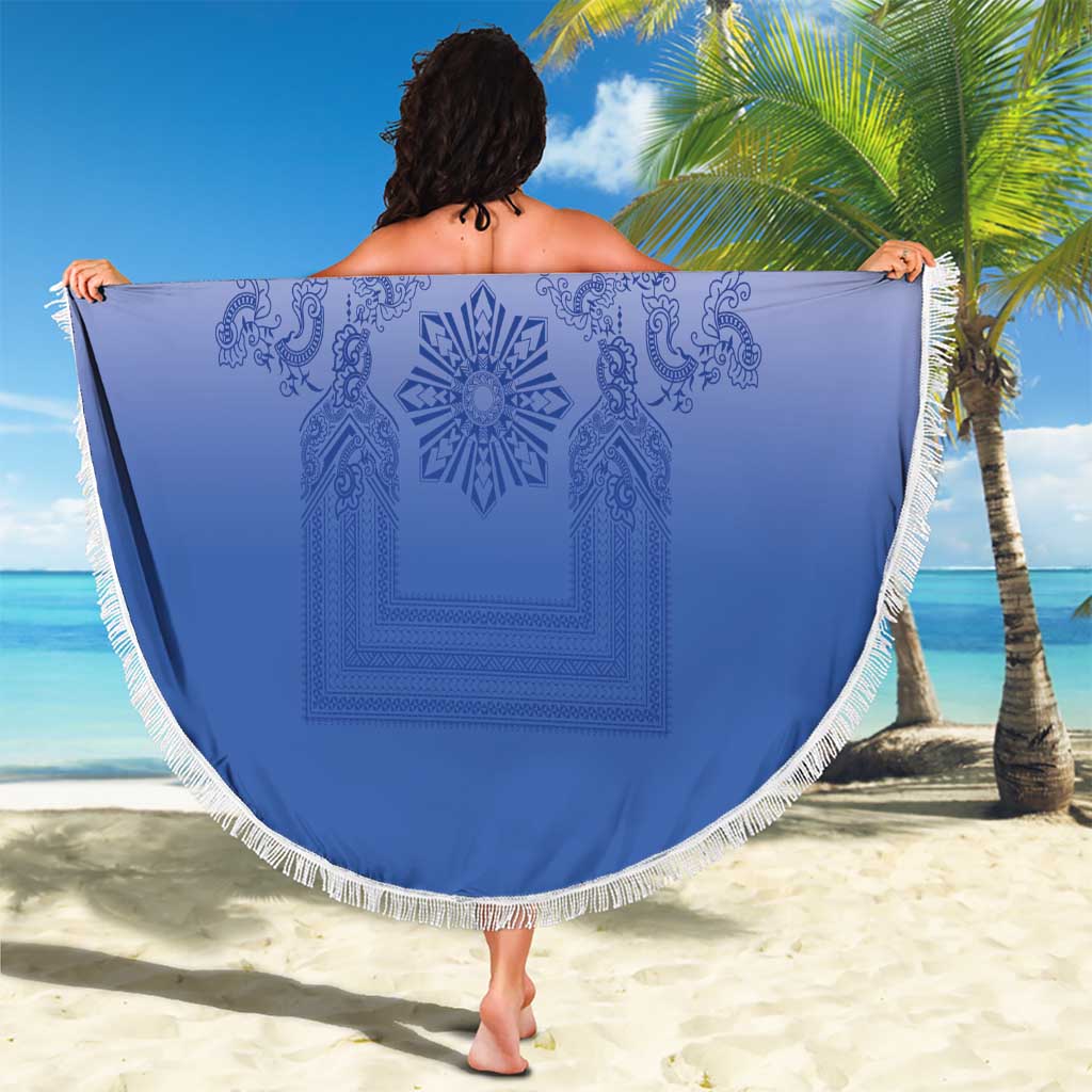 Philippines Barong Style Beach Blanket with Polynesian Art and Leaf Motif Blue Color LT03 - Polynesian Pride