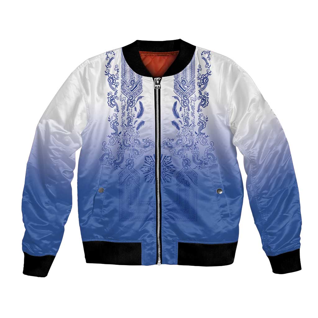 Philippines Barong Style Bomber Jacket with Polynesian Art and Leaf Motif Blue Color LT03 Unisex Blue - Polynesian Pride