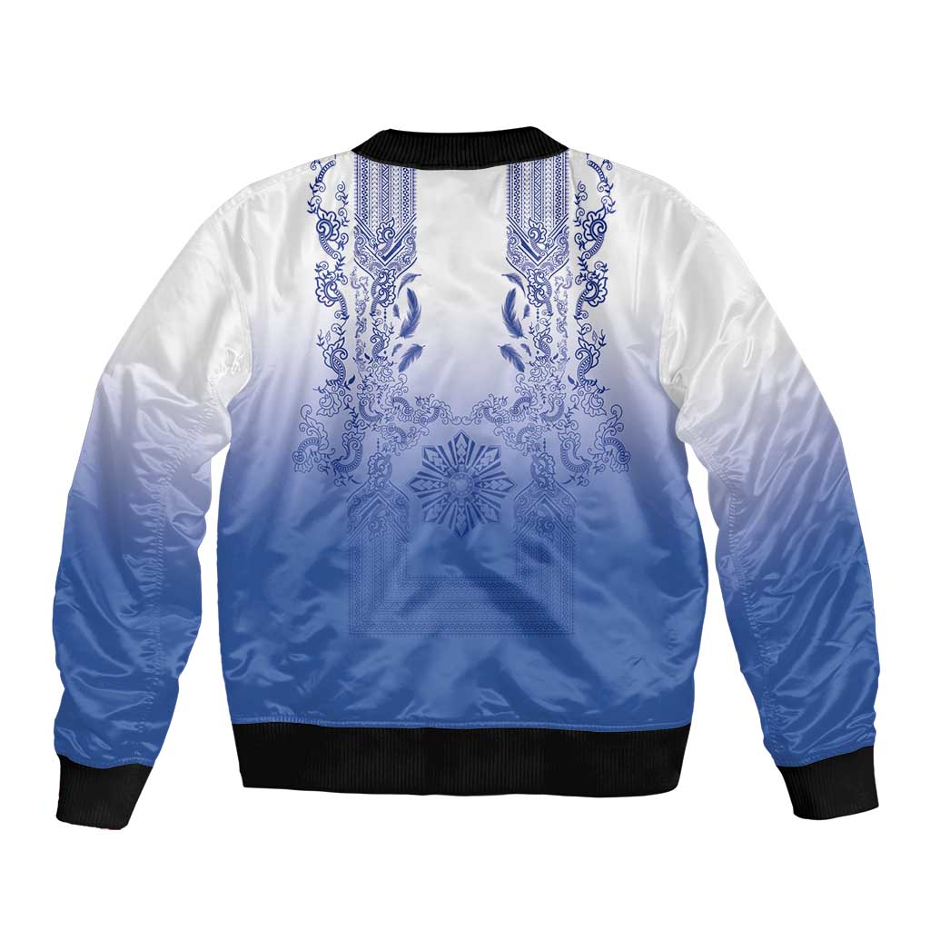 Philippines Barong Style Bomber Jacket with Polynesian Art and Leaf Motif Blue Color LT03 - Polynesian Pride