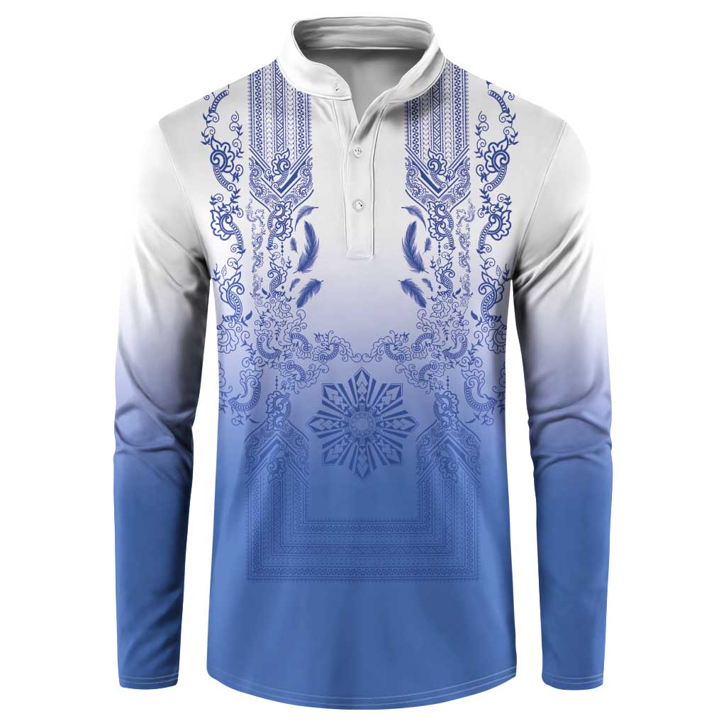 Philippines Barong Style Button Sweatshirt with Polynesian Art and Leaf Motif Blue Color LT03 Blue - Polynesian Pride