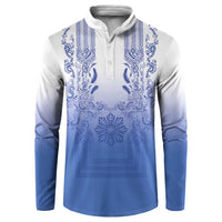 Philippines Barong Style Button Sweatshirt with Polynesian Art and Leaf Motif Blue Color LT03 Blue - Polynesian Pride
