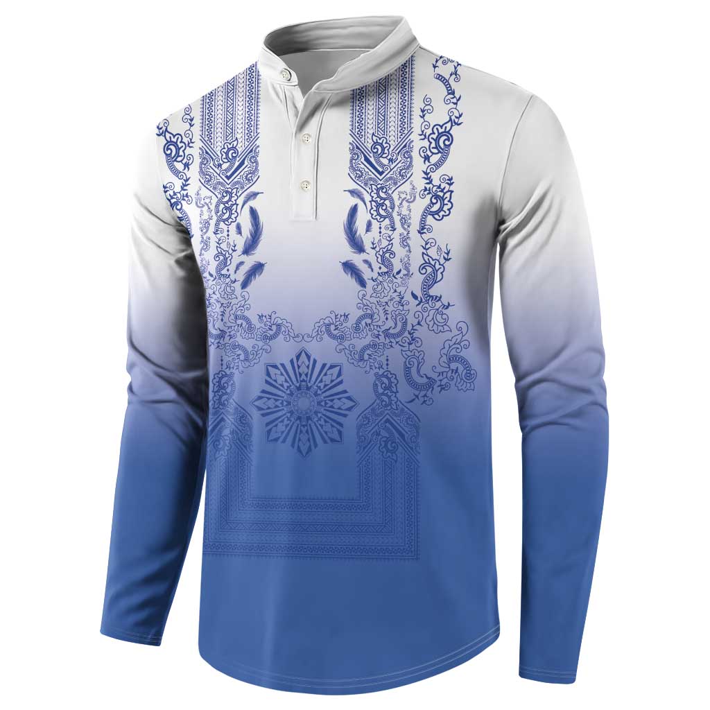 Philippines Barong Style Button Sweatshirt with Polynesian Art and Leaf Motif Blue Color LT03 - Polynesian Pride