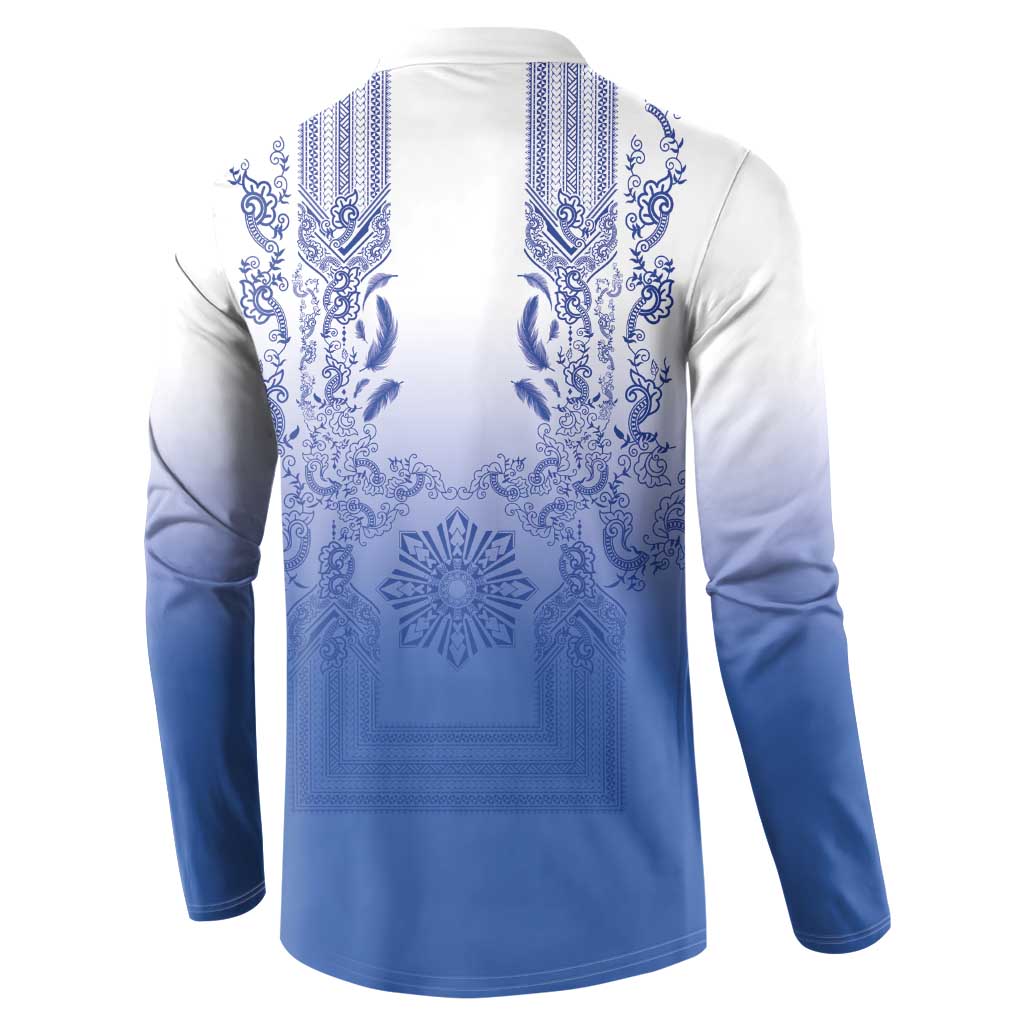 Philippines Barong Style Button Sweatshirt with Polynesian Art and Leaf Motif Blue Color LT03 - Polynesian Pride