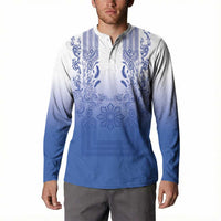 Philippines Barong Style Button Sweatshirt with Polynesian Art and Leaf Motif Blue Color LT03 - Polynesian Pride