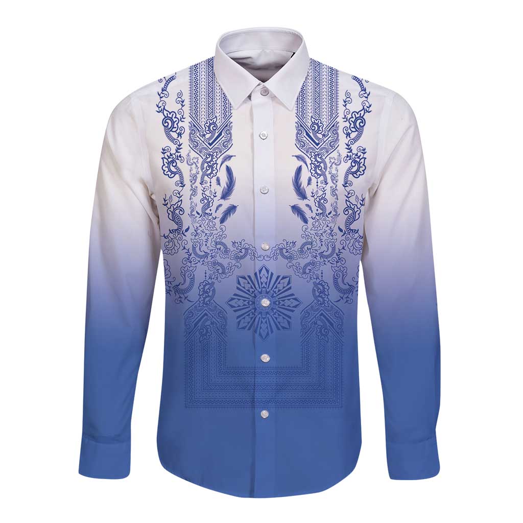 Philippines Barong Style Long Sleeve Button Shirt with Polynesian Art and Leaf Motif Blue Color LT03 Unisex Blue - Polynesian Pride