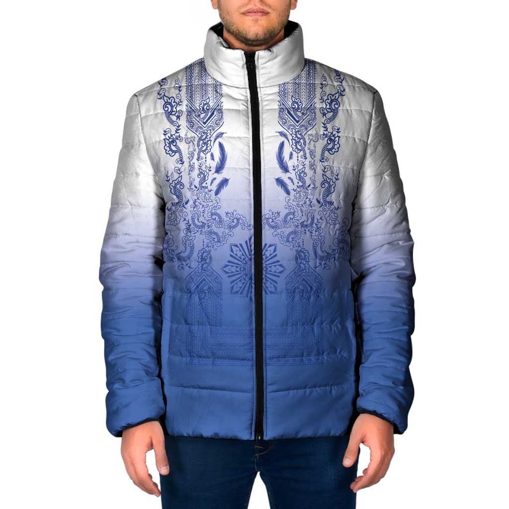 Philippines Barong Style Padded Jacket with Polynesian Art and Leaf Motif Blue Color LT03 Men Blue - Polynesian Pride