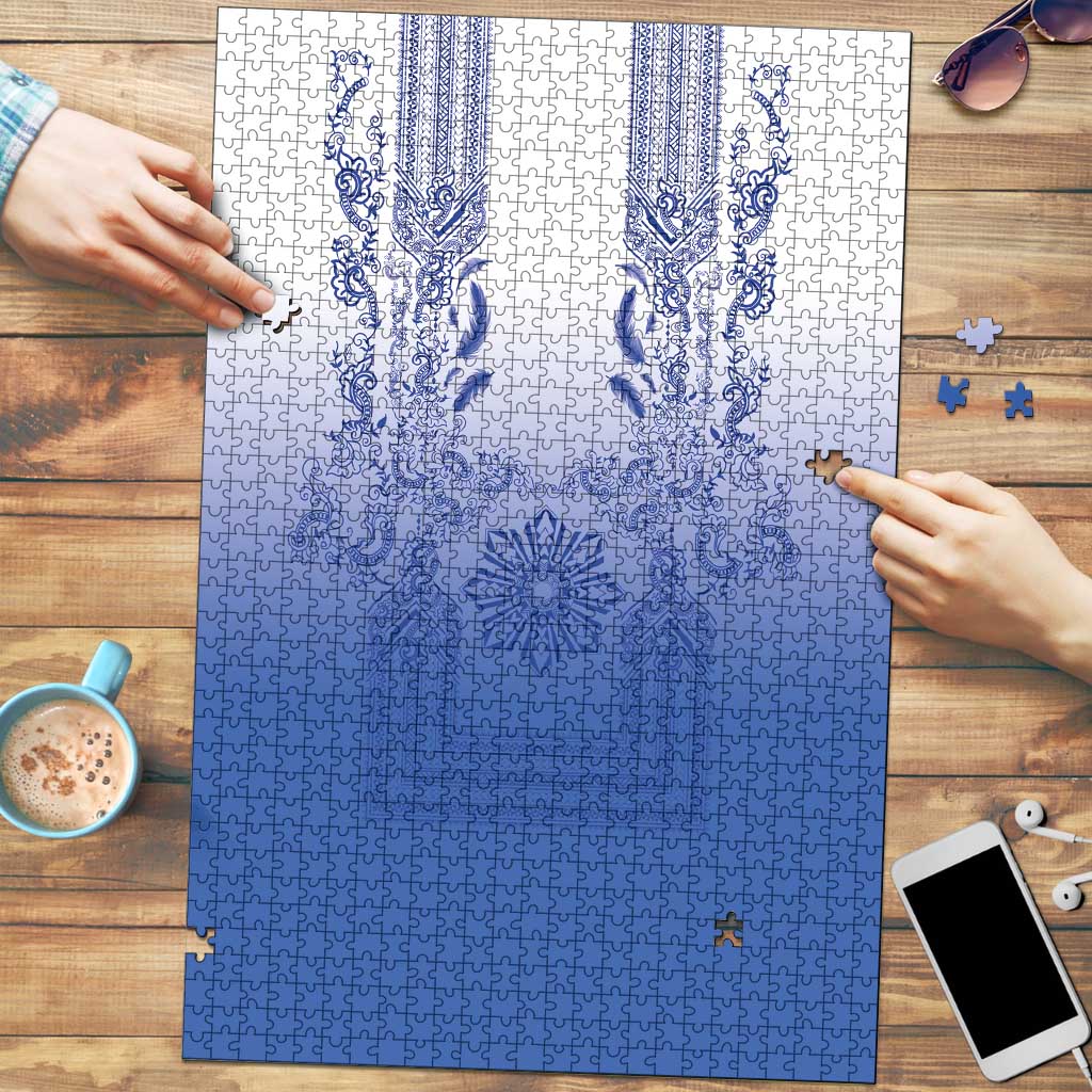 Philippines Barong Style Puzzle with Polynesian Art and Leaf Motif Blue Color LT03 Blue - Polynesian Pride