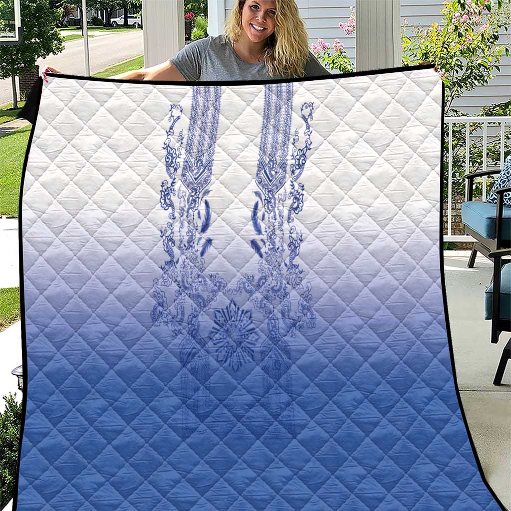 Philippines Barong Style Quilt with Polynesian Art and Leaf Motif Blue Color LT03 Blue - Polynesian Pride