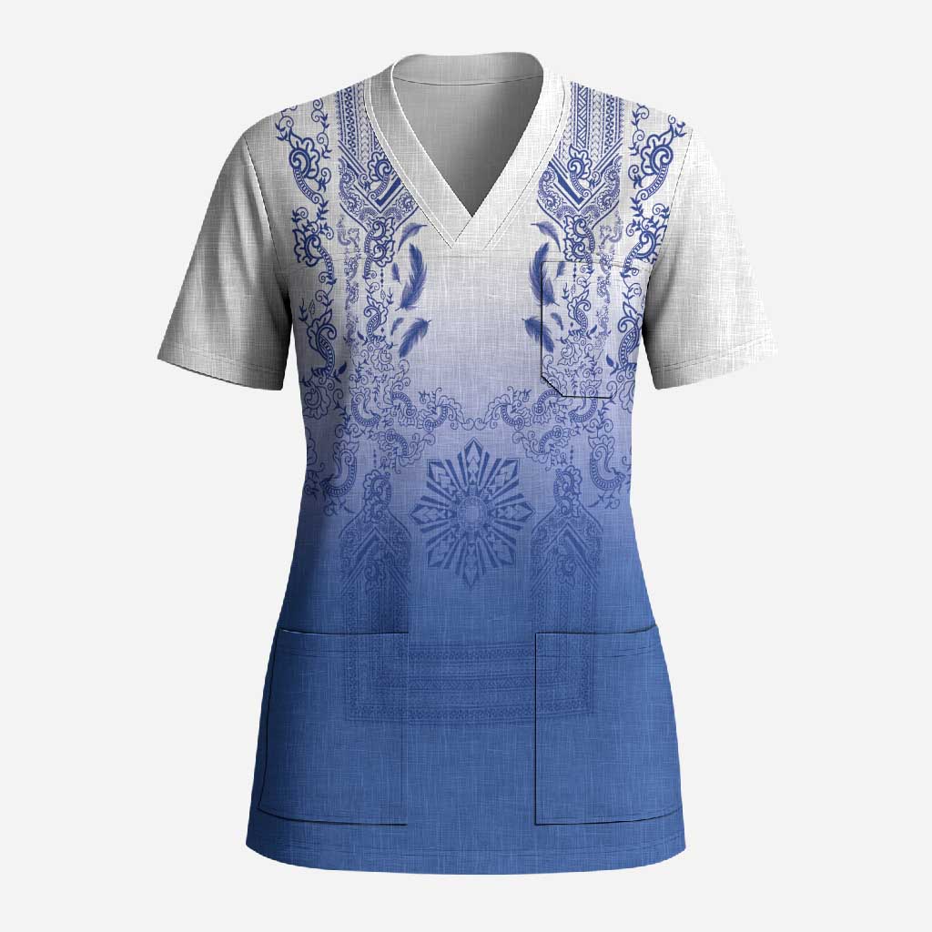 Philippines Barong Style Scrub Top with Polynesian Art and Leaf Motif Blue Color LT03 Adult Blue - Polynesian Pride