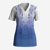 Philippines Barong Style Scrub Top with Polynesian Art and Leaf Motif Blue Color LT03 Adult Blue - Polynesian Pride