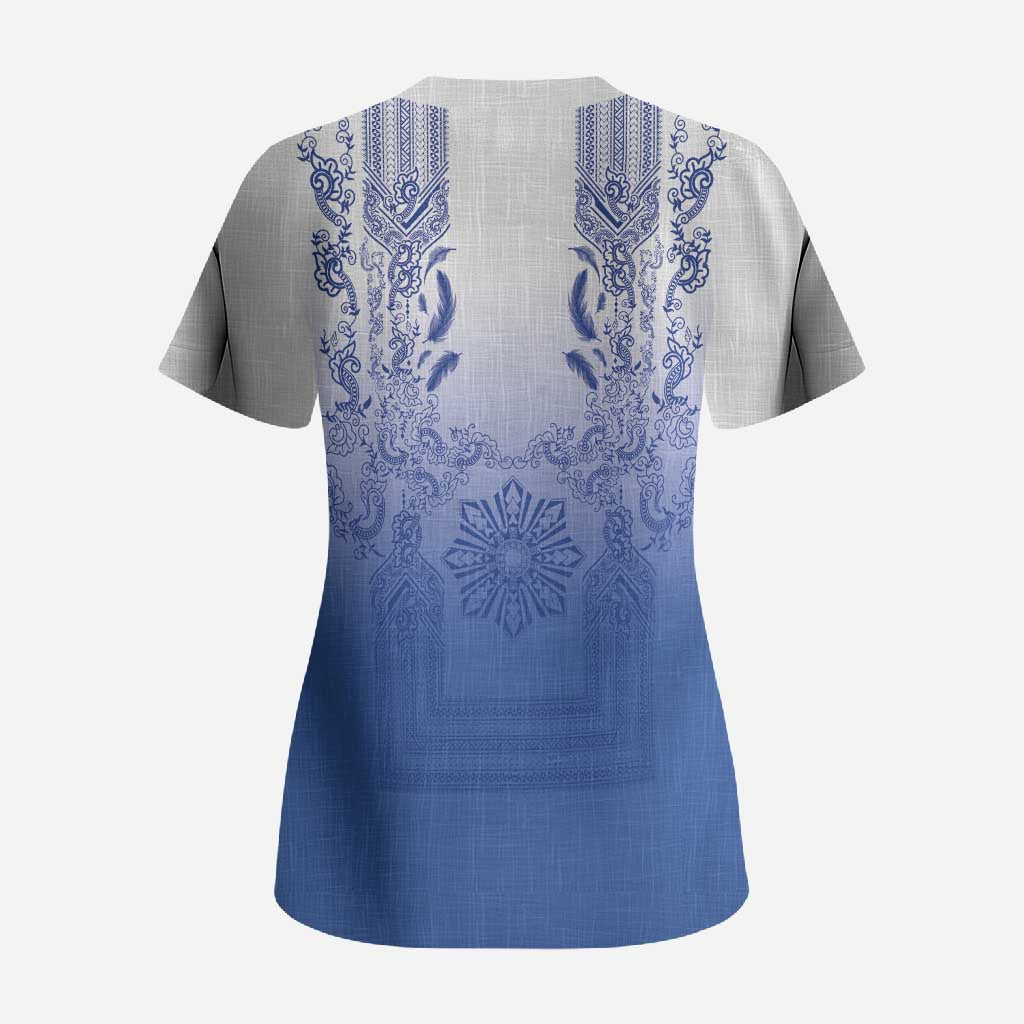 Philippines Barong Style Scrub Top with Polynesian Art and Leaf Motif Blue Color LT03 - Polynesian Pride
