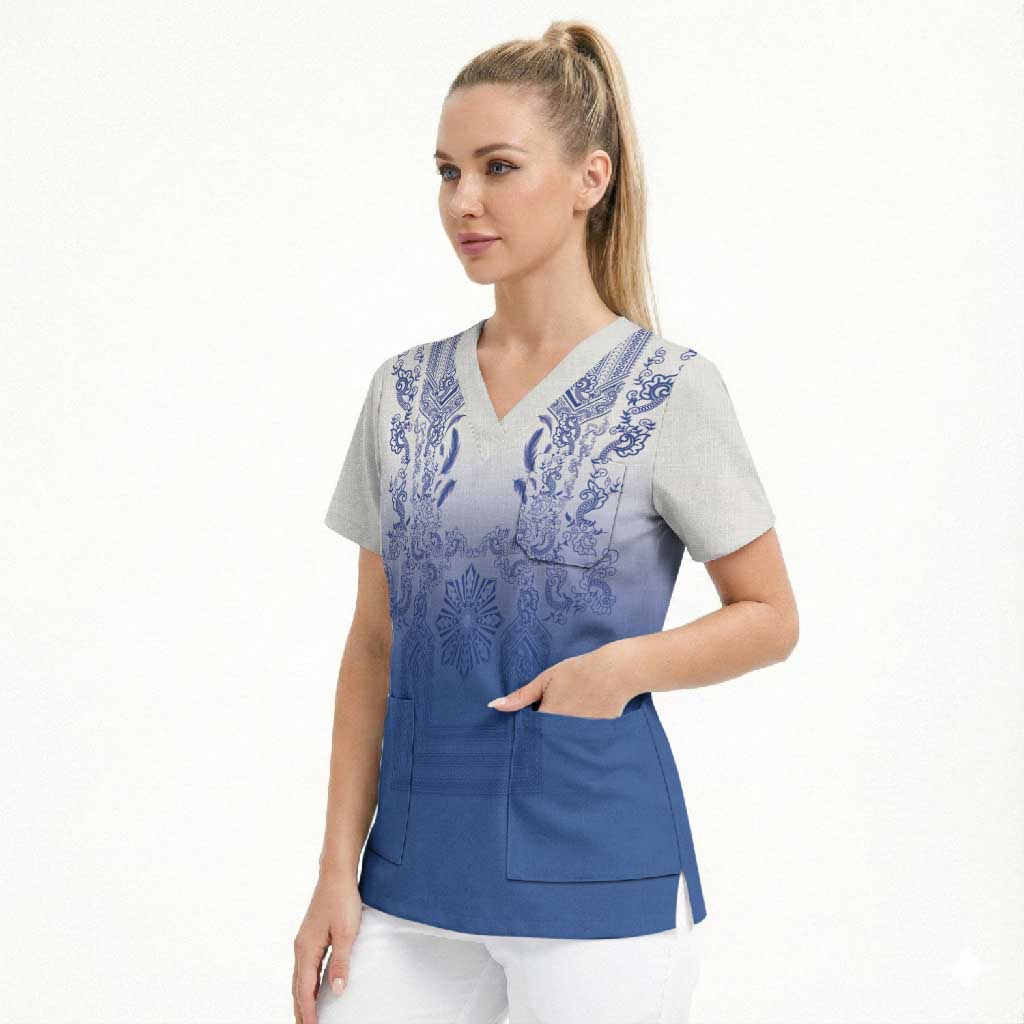 Philippines Barong Style Scrub Top with Polynesian Art and Leaf Motif Blue Color LT03 - Polynesian Pride