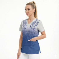 Philippines Barong Style Scrub Top with Polynesian Art and Leaf Motif Blue Color LT03 - Polynesian Pride