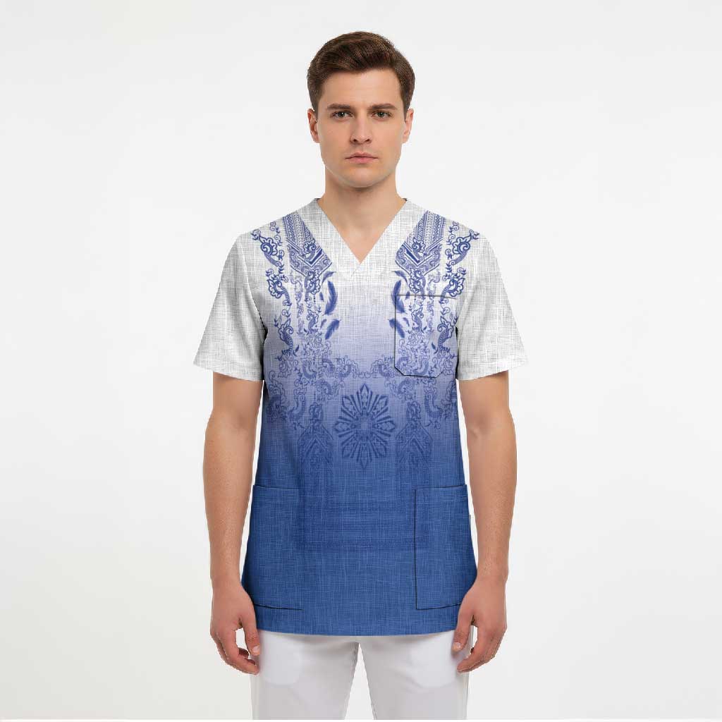 Philippines Barong Style Scrub Top with Polynesian Art and Leaf Motif Blue Color LT03 - Polynesian Pride