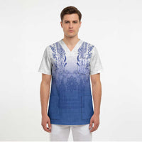 Philippines Barong Style Scrub Top with Polynesian Art and Leaf Motif Blue Color LT03 - Polynesian Pride