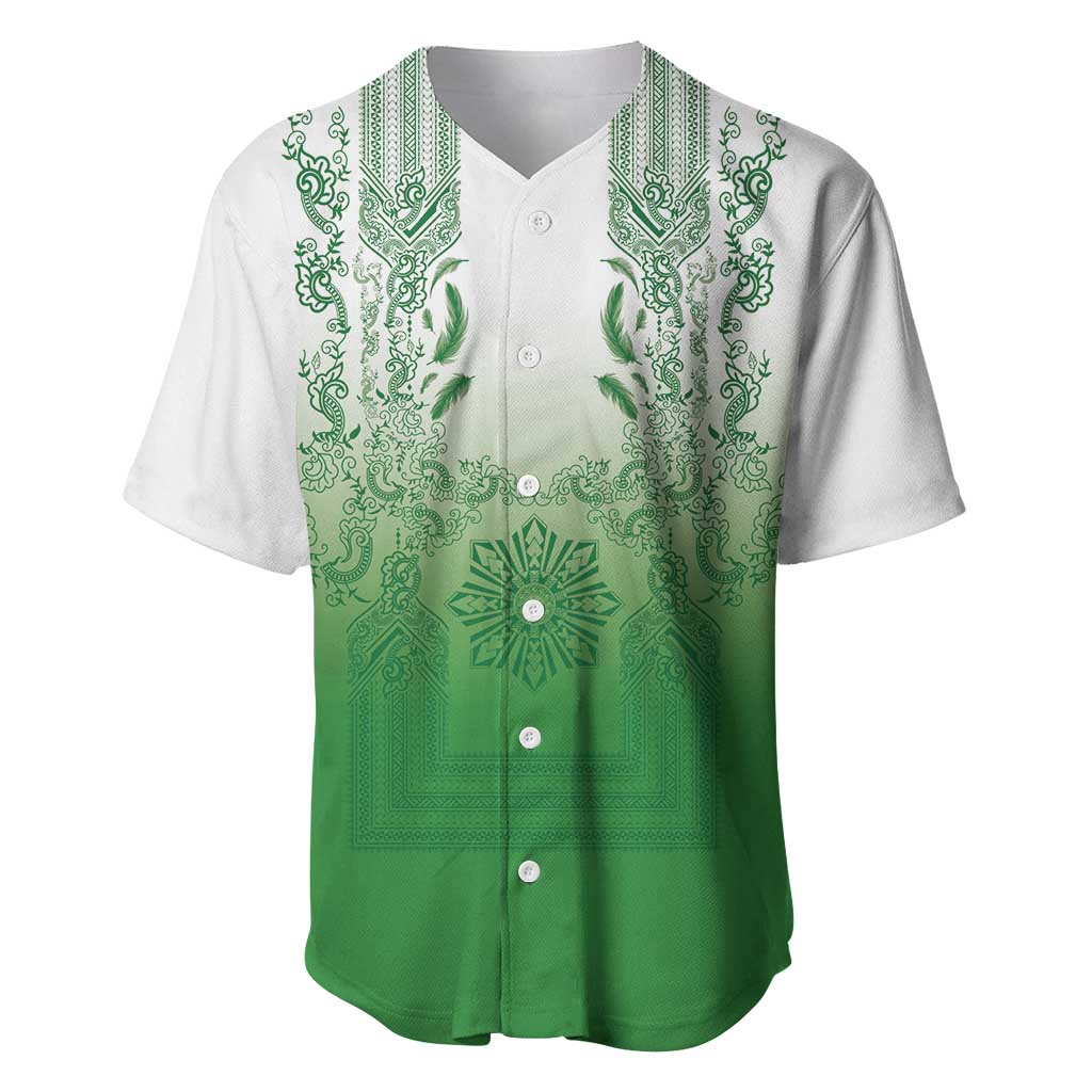 Philippines Barong Style Baseball Jersey with Polynesian Art and Leaf Motif Green Color LT03 Green - Polynesian Pride