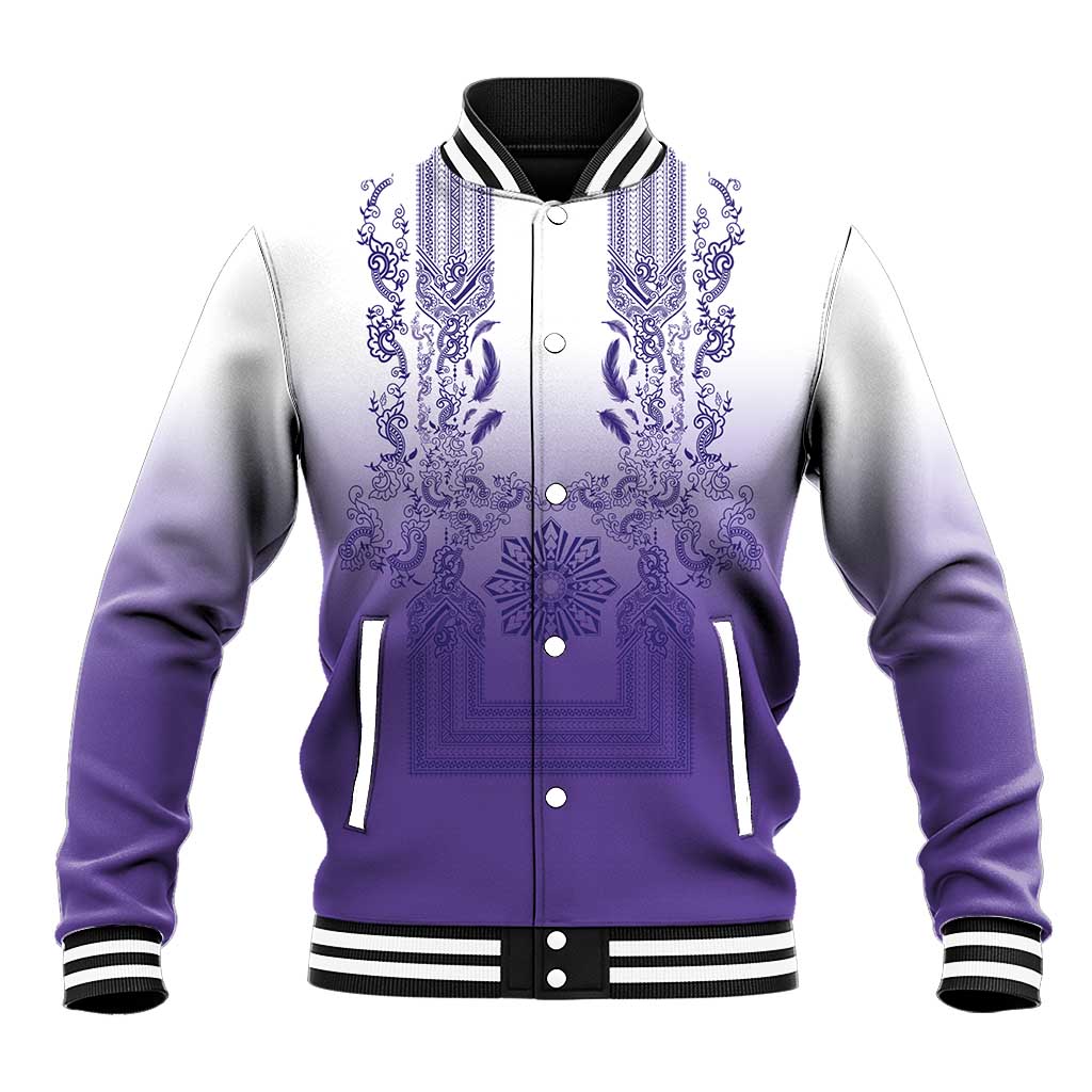Philippines Barong Style Baseball Jacket with Polynesian Art and Leaf Motif Purple Color LT03 Unisex Purple - Polynesian Pride