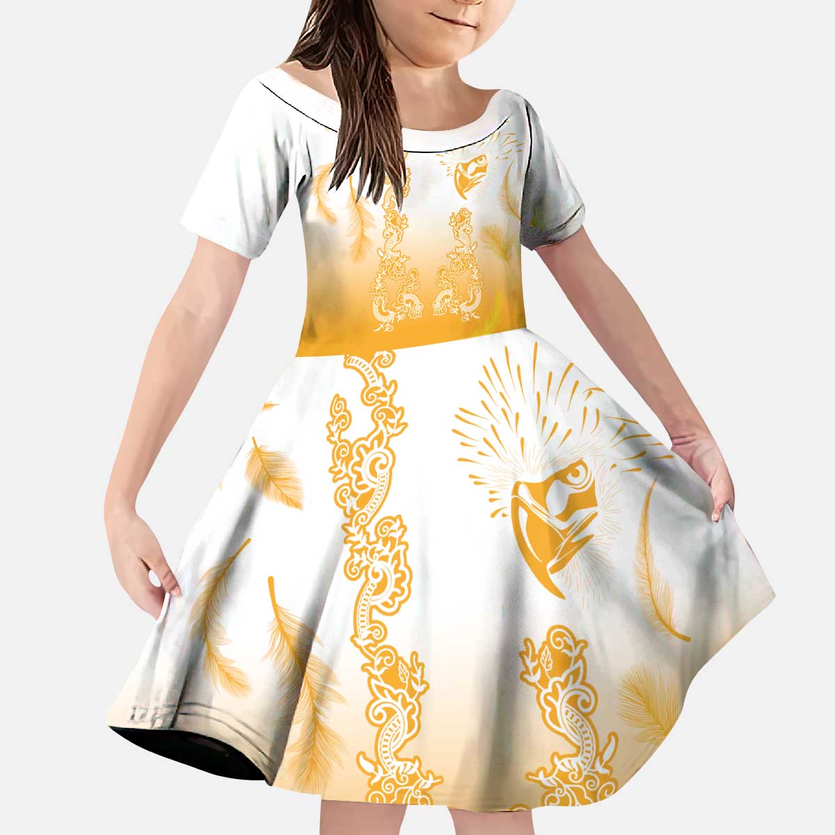 Philippines National Costume Style Kid Short Sleeve Dress Barong Tagalog and Eagle Feather Yellow Color LT03 KID Yellow - Polynesian Pride
