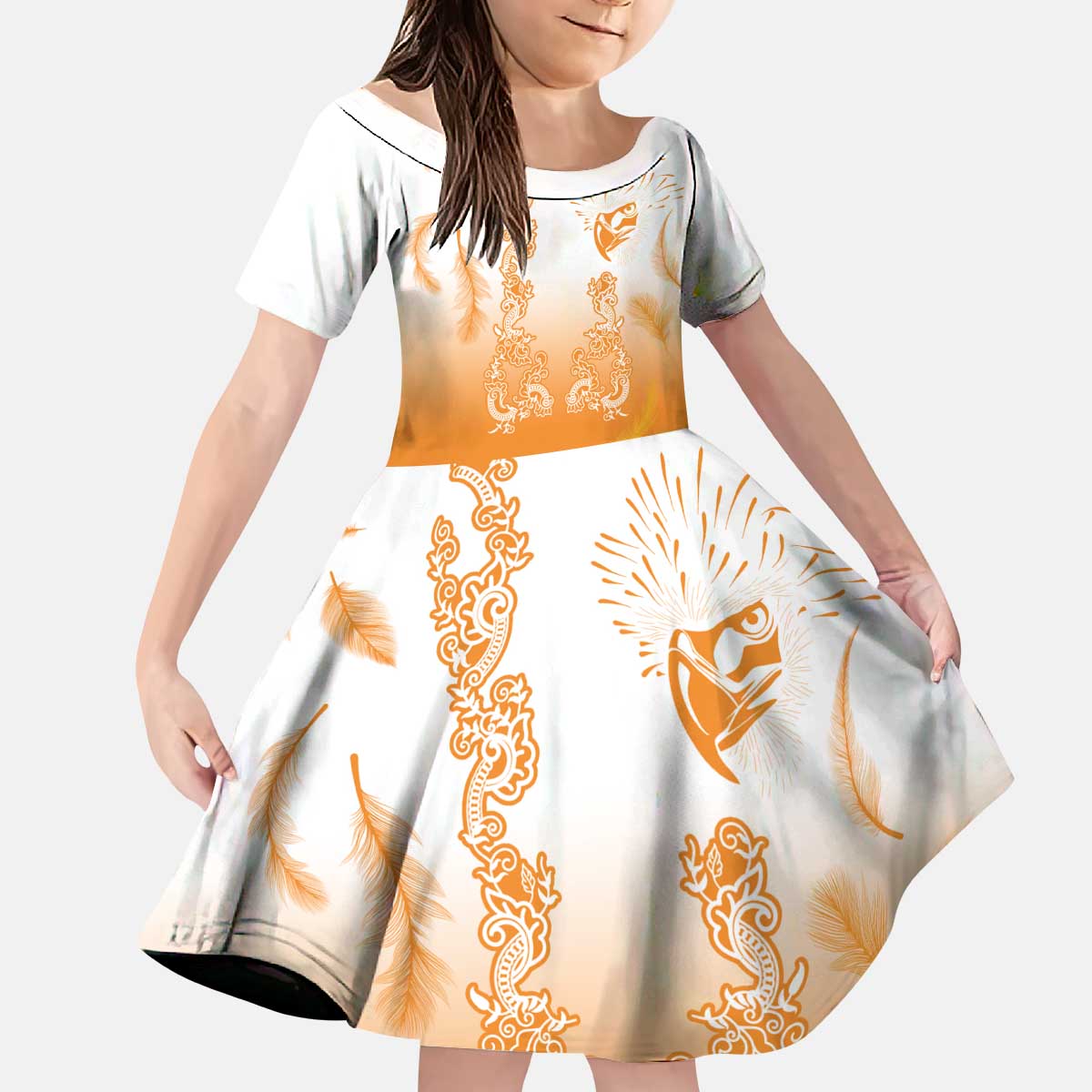 Philippines National Costume Style Kid Short Sleeve Dress Barong Tagalog and Eagle Feather Orange Color LT03 KID Orange - Polynesian Pride
