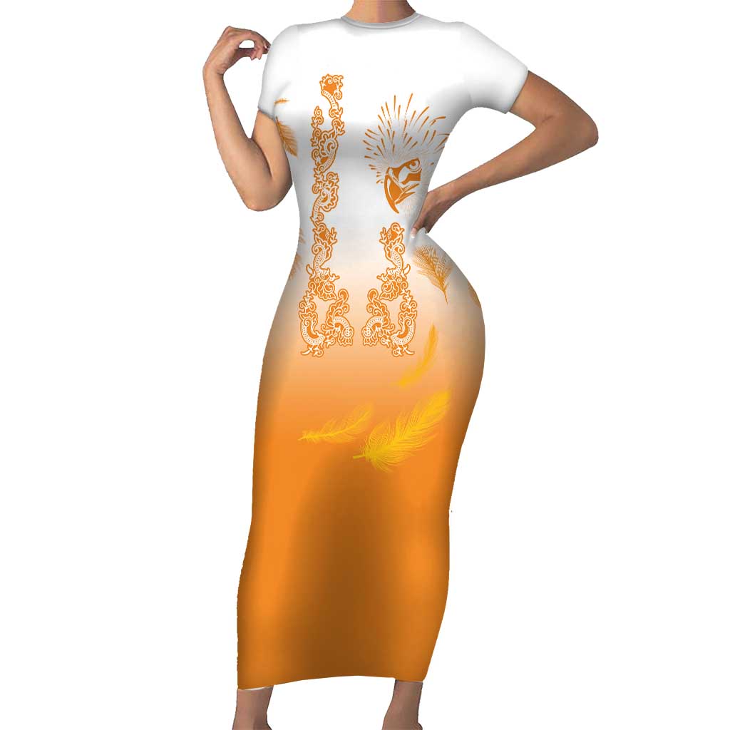 Philippines National Costume Style Short Sleeve Bodycon Dress Barong Tagalog and Eagle Feather Orange Color LT03 Long Dress Orange - Polynesian Pride