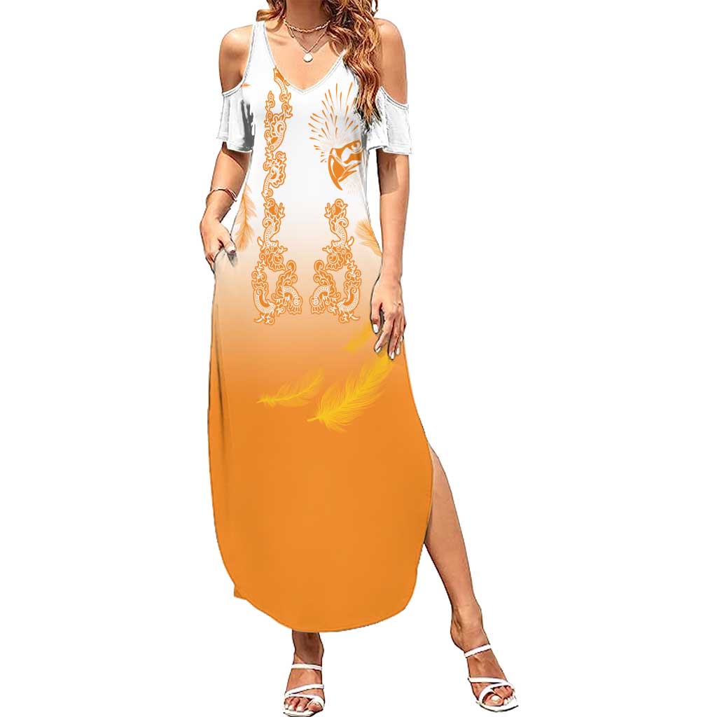 Philippines National Costume Style Summer Maxi Dress Barong Tagalog and Eagle Feather Orange Color LT03 Women Orange - Polynesian Pride