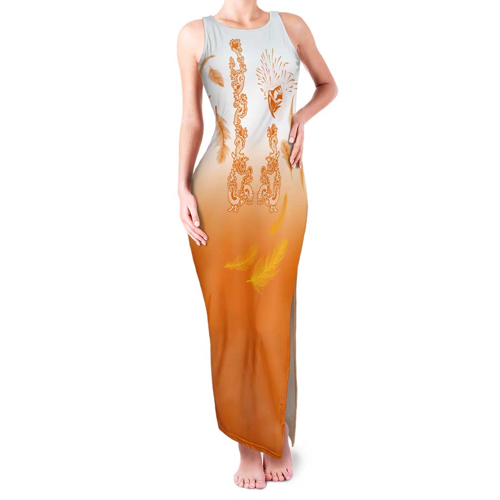 Philippines National Costume Style Tank Maxi Dress Barong Tagalog and Eagle Feather Orange Color LT03 Women Orange - Polynesian Pride