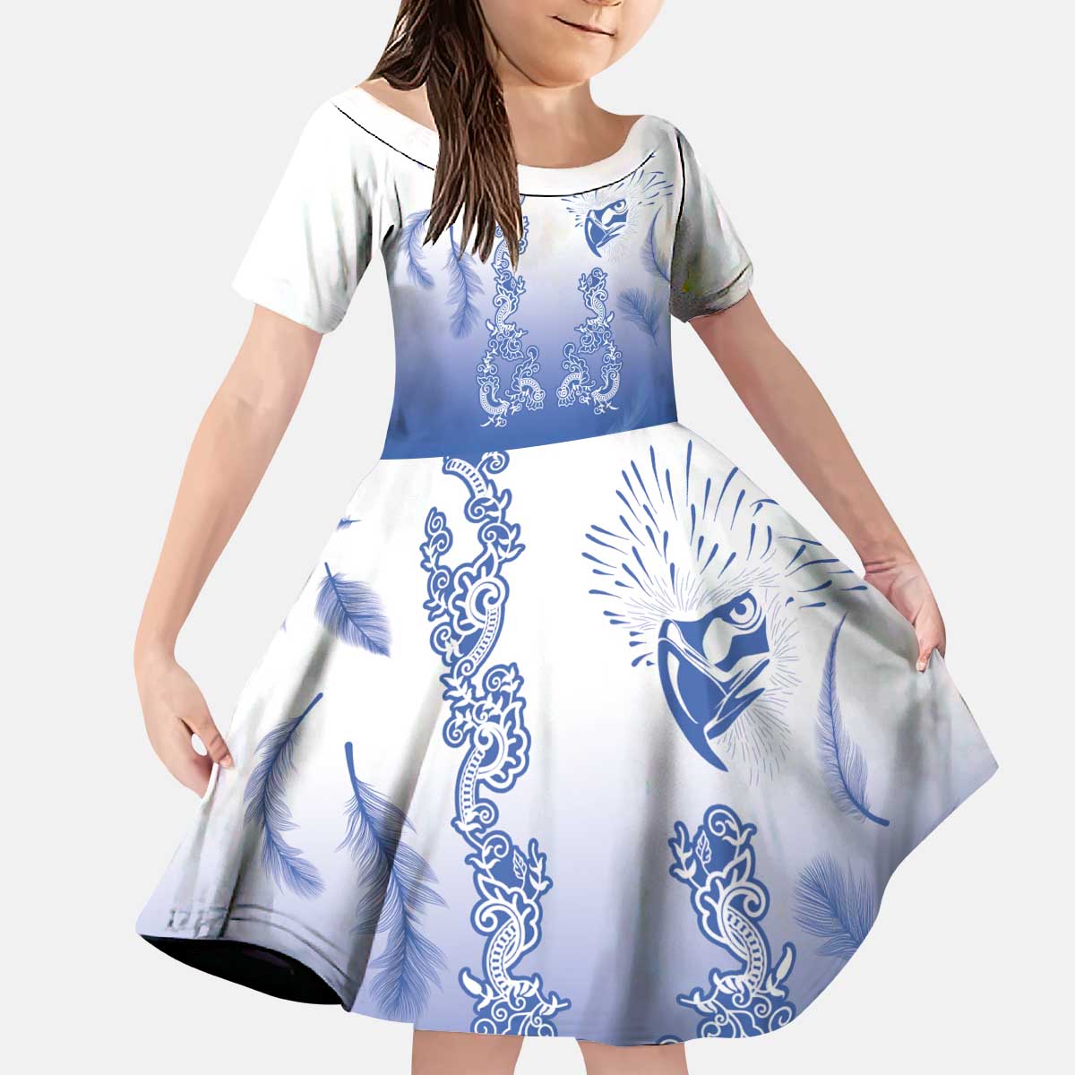 Philippines National Costume Style Kid Short Sleeve Dress Barong Tagalog and Eagle Feather Blue Color LT03 KID Blue - Polynesian Pride