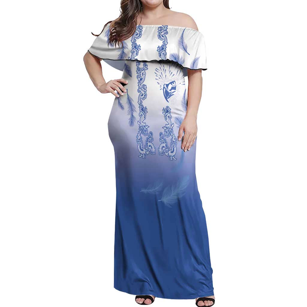 Philippines National Costume Style Off Shoulder Maxi Dress Barong Tagalog and Eagle Feather Blue Color
