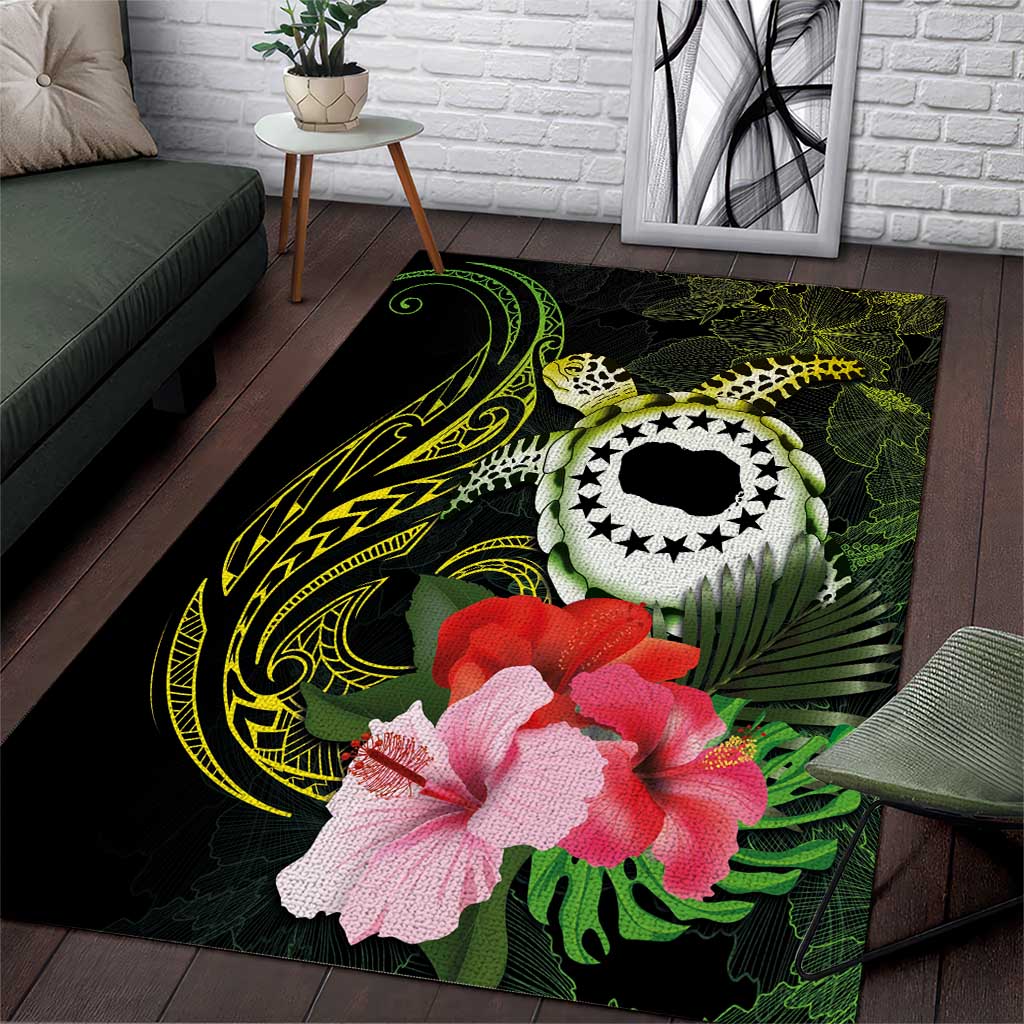 Kia Orana Cook Islands Area Rug Turtle and Hibiscus Polynesian Pattern LT03 Yellow - Polynesian Pride