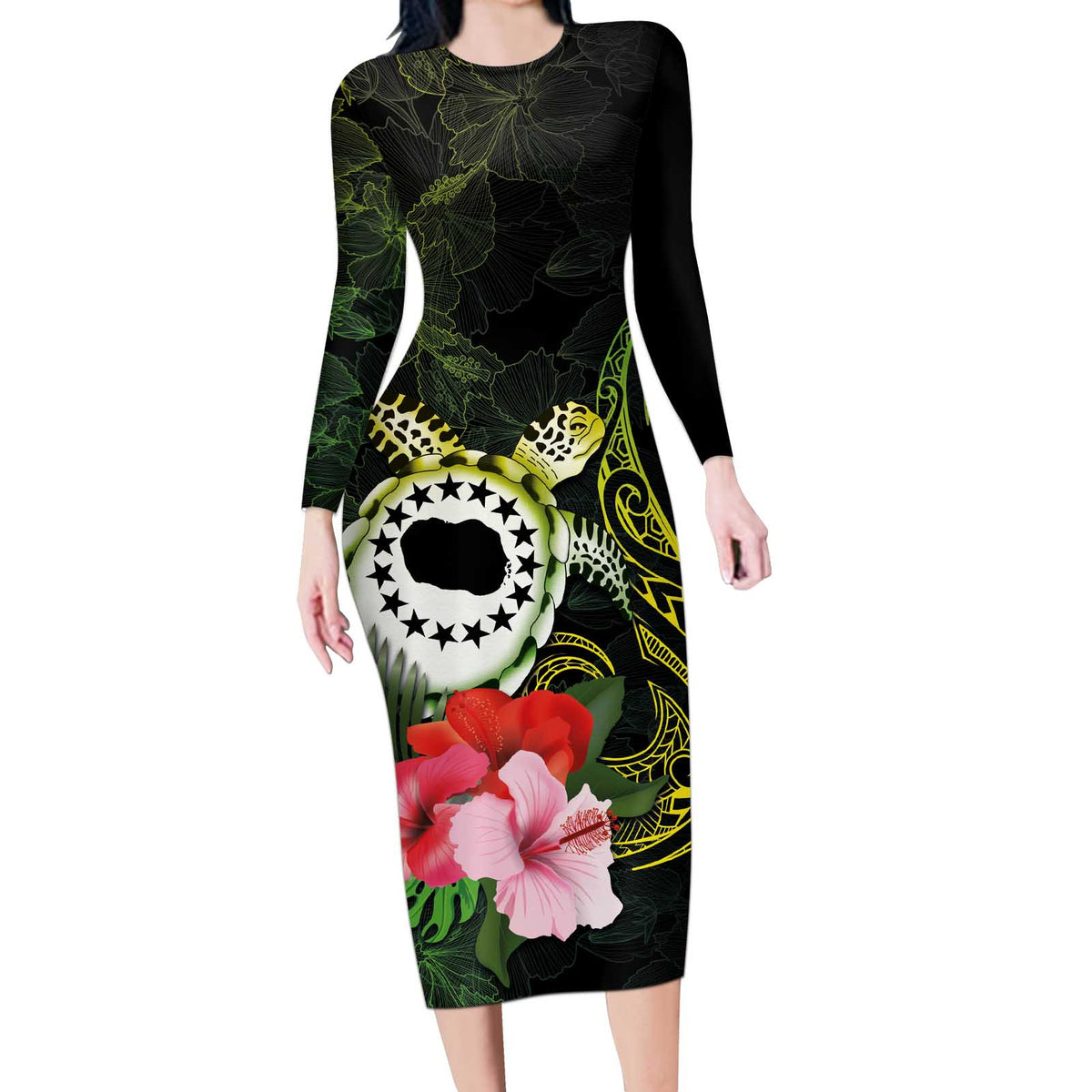 Kia Orana Cook Islands Long Sleeve Bodycon Dress Turtle and Hibiscus Polynesian Pattern LT03 Long Dress Yellow - Polynesian Pride