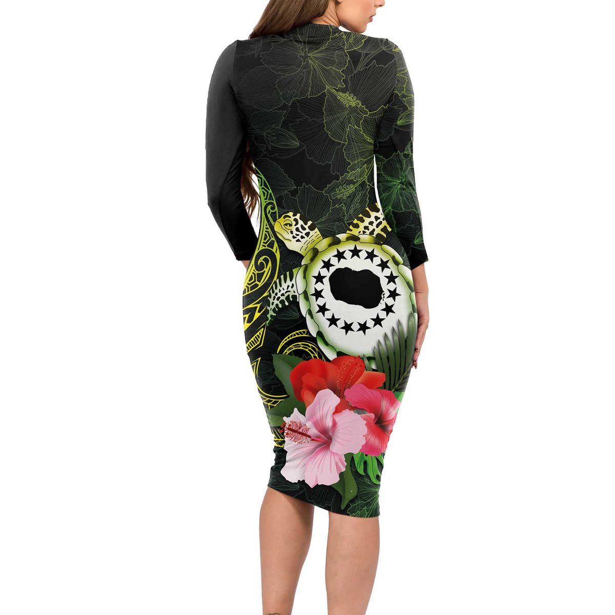 Kia Orana Cook Islands Long Sleeve Bodycon Dress Turtle and Hibiscus Polynesian Pattern LT03 - Polynesian Pride